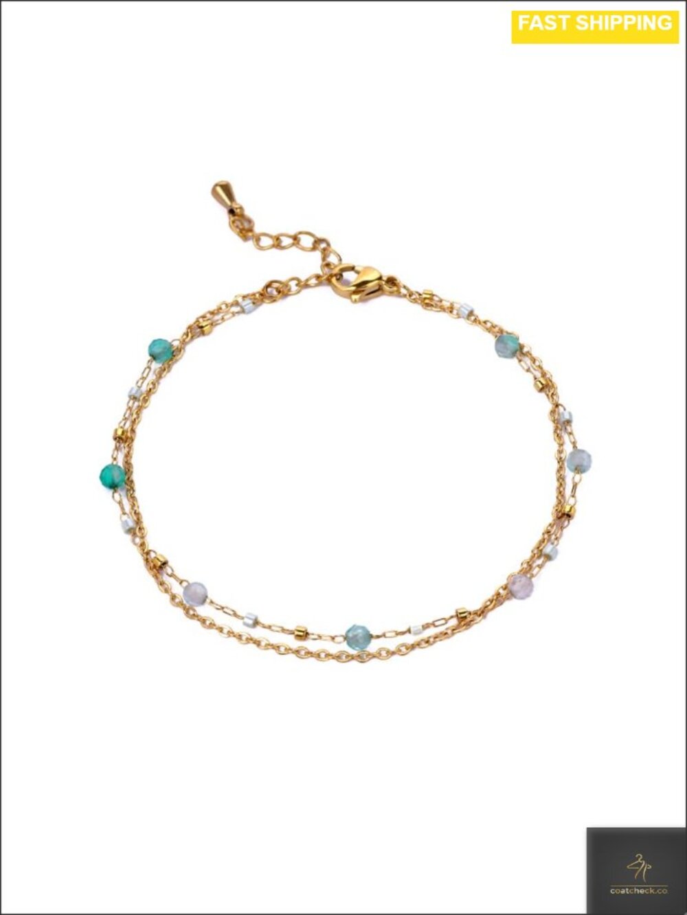 Green Fluorite Beaded Link Bracelet Stainless Steel 18k Gold Plated Adjustable